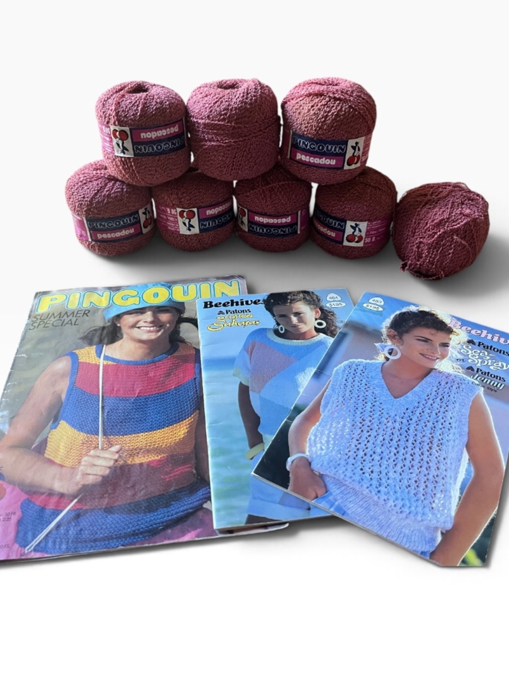 Vintage Pingouin Bouclé Yarn Bundle – 8 Balls + 3 Vintage Knitting Patterns